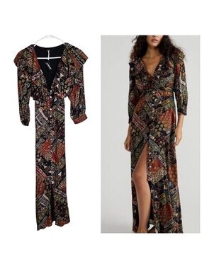 Free People Robe Lennon Ruffle Collar button Down Patchwork Print Maxi Dress